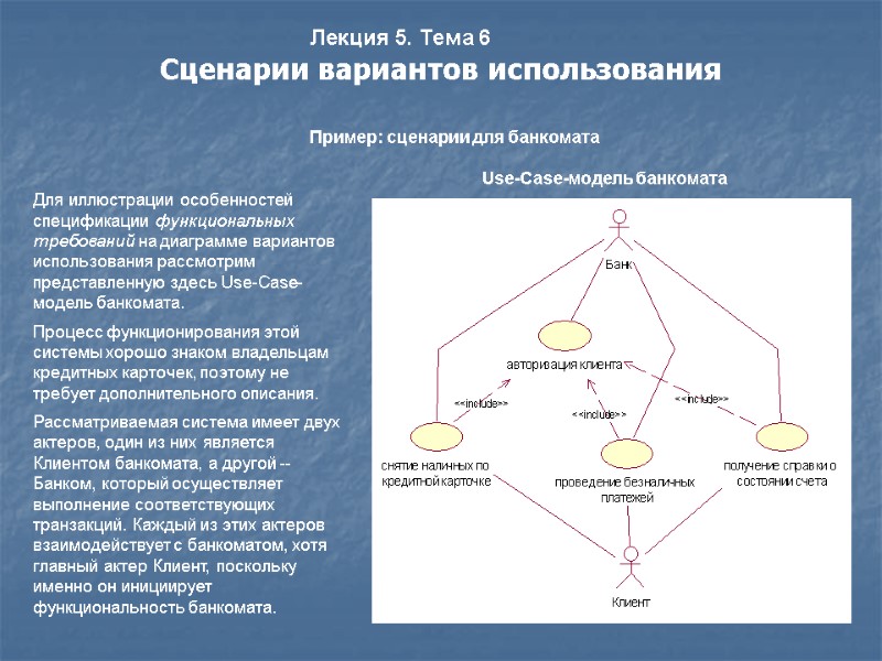 Лекция 5. Тема 6 Сценарии вариантов использования    Пример: сценарии для банкомата